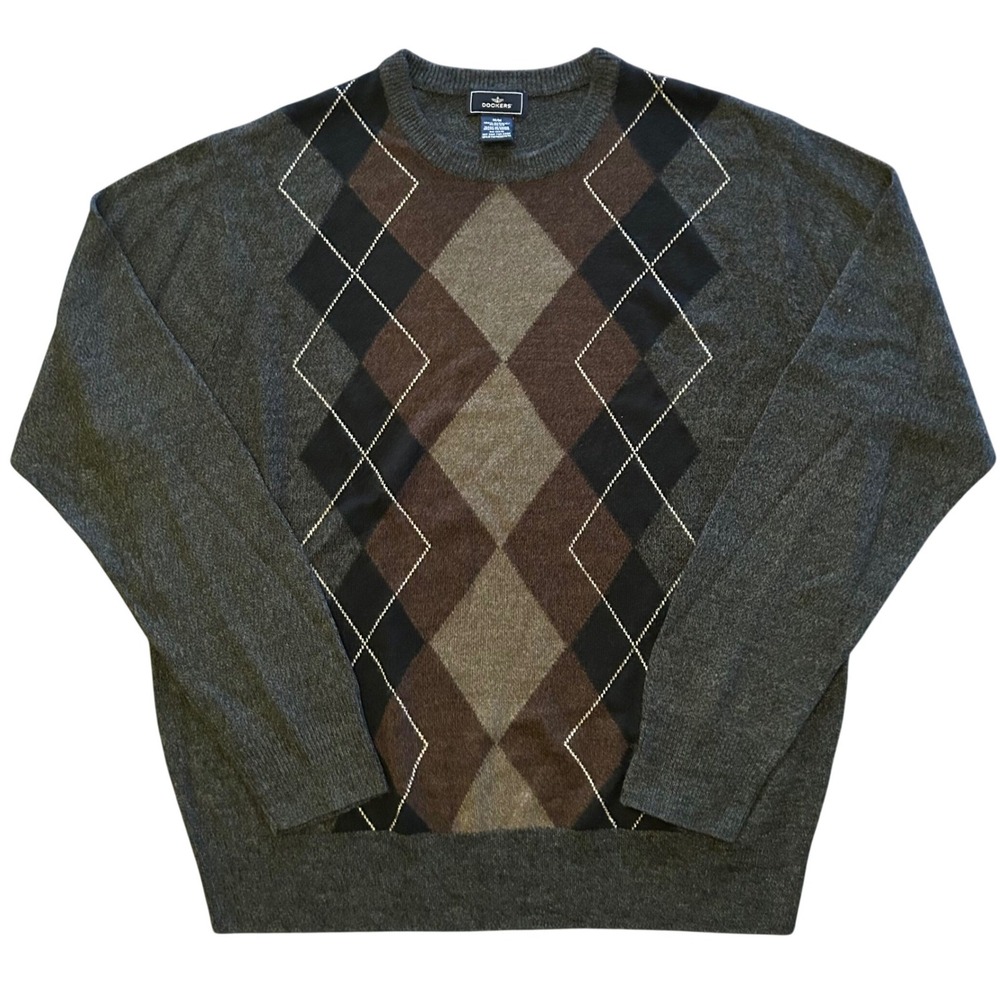 Dockers Mens Argyle Sweater Dark Grey Brown Black‎ Tan Crew Neck Knit Size M